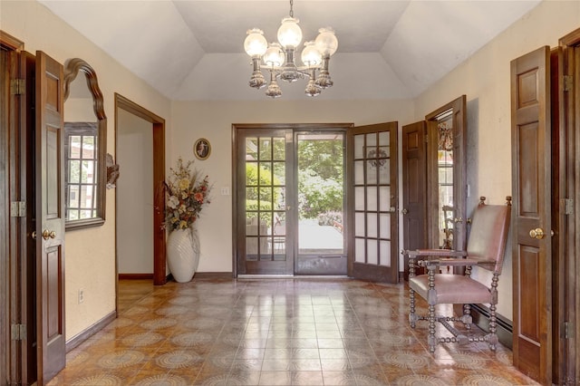 100 Foxhunt Cres, Oyster Bay Cove, NY 11791 - doorway featuring a chandelier, vaulted ceiling, baseboards, and light tile patterned floors