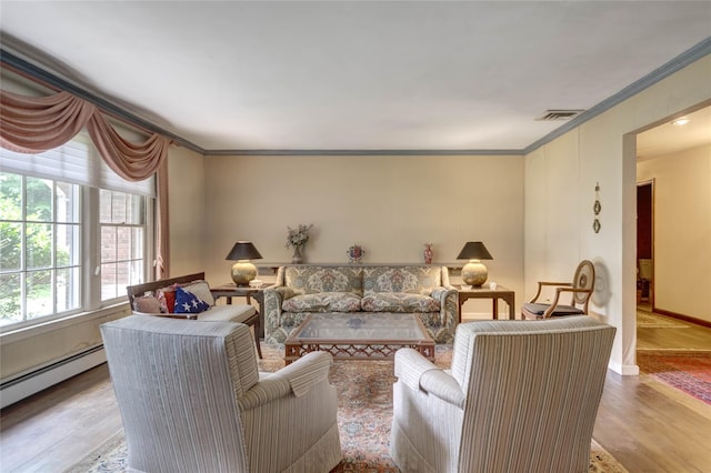 100 Foxhunt Cres, Oyster Bay Cove, NY 11791 - living area featuring crown molding, wood finished floors, a baseboard heating unit, and baseboards