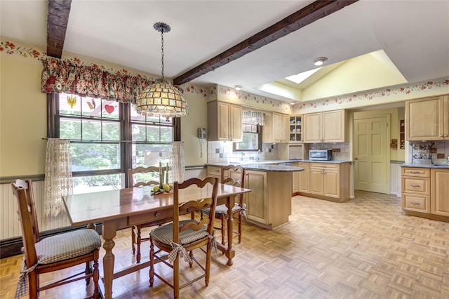 100 Foxhunt Cres, Oyster Bay Cove, NY 11791 - dining area with beamed ceiling and a skylight