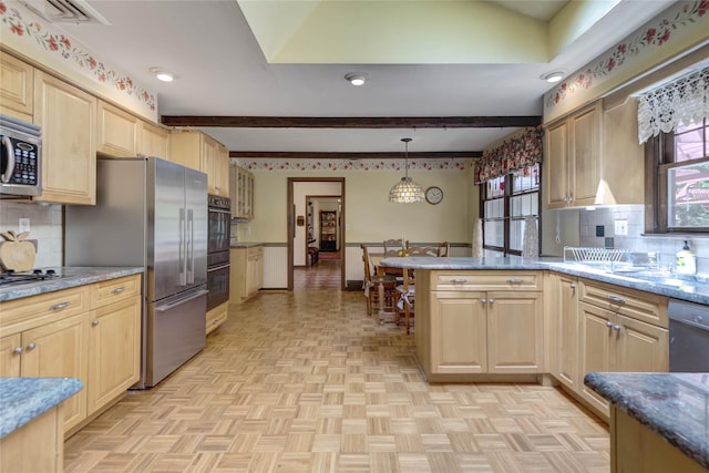 100 Foxhunt Cres, Oyster Bay Cove, NY 11791 - kitchen with light brown cabinets, stainless steel appliances, beam ceiling, decorative backsplash, and a peninsula