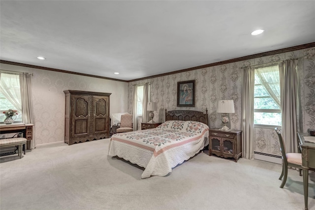 100 Foxhunt Cres, Oyster Bay Cove, NY 11791 - bedroom with wallpapered walls, a baseboard radiator, carpet flooring, recessed lighting, and ornamental molding