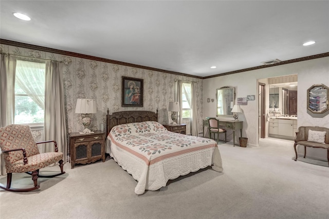 100 Foxhunt Cres, Oyster Bay Cove, NY 11791 - bedroom with carpet floors, ornamental molding, recessed lighting, wallpapered walls, and connected bathroom