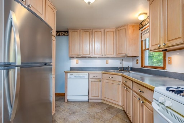 6 Regency Dr, Wappingers Falls, NY 12590 - kitchen featuring white appliances, light brown cabinets, a sink, and light tile patterned floors