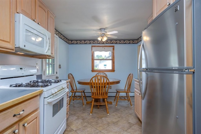 6 Regency Dr, Wappingers Falls, NY 12590 - kitchen featuring white appliances, light brown cabinetry, a ceiling fan, and light countertops