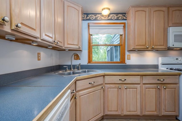 6 Regency Dr, Wappingers Falls, NY 12590 - kitchen featuring white appliances, light brown cabinets, a sink, and dark countertops