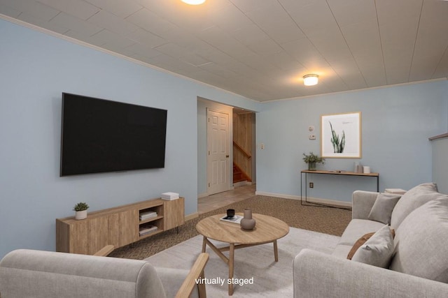 6 Regency Dr, Wappingers Falls, NY 12590 - carpeted living room featuring stairs, crown molding, and baseboards