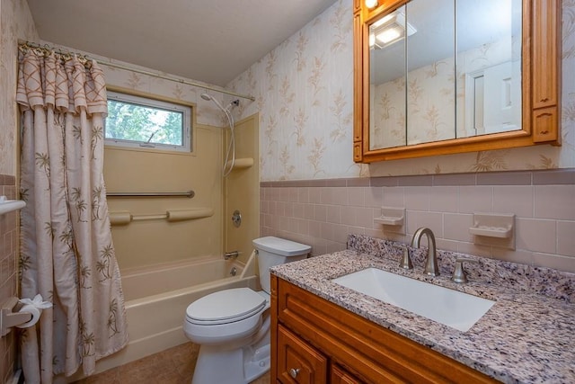 6 Regency Dr, Wappingers Falls, NY 12590 - bathroom featuring shower / bath combo with shower curtain, vanity, toilet, tile walls, and tile patterned floors