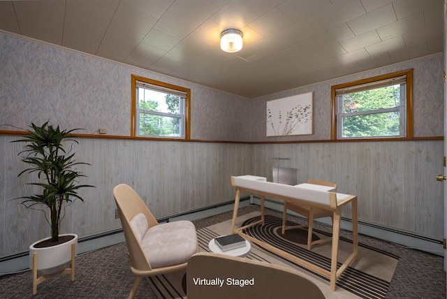 6 Regency Dr, Wappingers Falls, NY 12590 - office area featuring a wainscoted wall, wallpapered walls, a baseboard heating unit, and wood walls