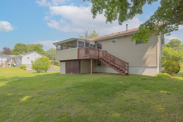 6 Regency Dr, Wappingers Falls, NY 12590 - rear view of property with a sunroom, stairs, a lawn, and a wooden deck