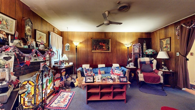 4 Christine Dr, Spring Valley, NY 10977 - living room featuring carpet flooring, wooden walls, and a ceiling fan