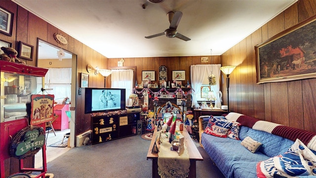 4 Christine Dr, Spring Valley, NY 10977 - living room with wooden walls, a ceiling fan, and carpet floors