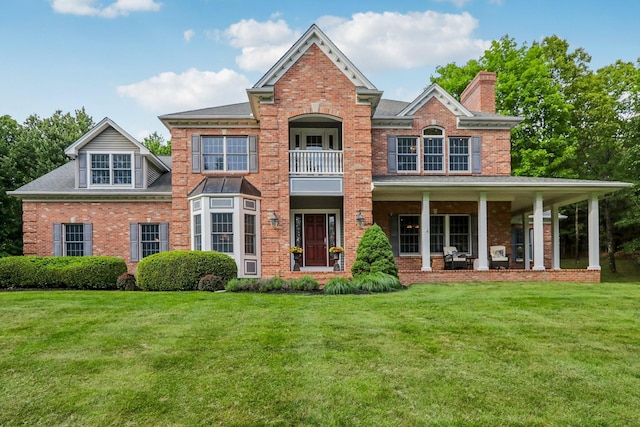 42 Panorama Dr, Warwick, NY 10990 - colonial home with a front yard, a chimney, brick siding, and a balcony