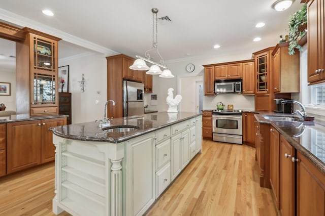 42 Panorama Dr, Warwick, NY 10990 - kitchen featuring stainless steel appliances, a sink, open shelves, a center island with sink, and ornamental molding