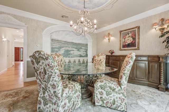42 Panorama Dr, Warwick, NY 10990 - dining area with wallpapered walls, a chandelier, light wood-style floors, crown molding, and baseboards