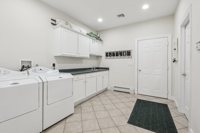 42 Panorama Dr, Warwick, NY 10990 - washroom featuring a baseboard radiator, washing machine and dryer, cabinet space, light tile patterned floors, and recessed lighting