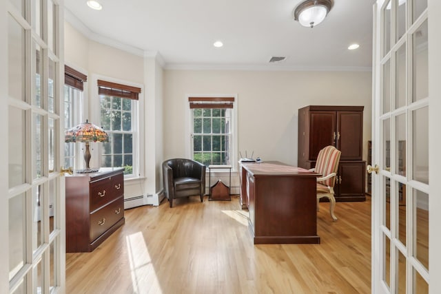 42 Panorama Dr, Warwick, NY 10990 - office area featuring french doors, crown molding, a baseboard radiator, light wood-style floors, and recessed lighting
