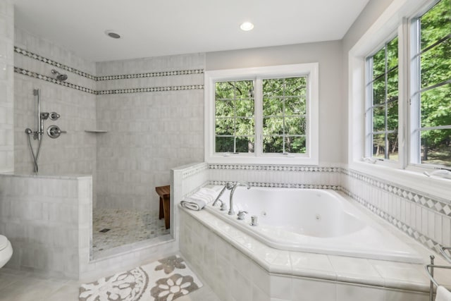 42 Panorama Dr, Warwick, NY 10990 - full bathroom featuring a whirlpool tub, walk in shower, healthy amount of natural light, tile patterned flooring, and recessed lighting