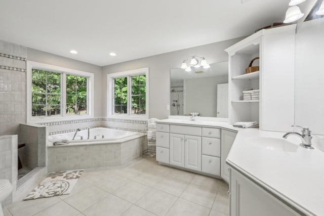 42 Panorama Dr, Warwick, NY 10990 - full bath featuring two vanities, a garden tub, tile patterned floors, a tile shower, and recessed lighting