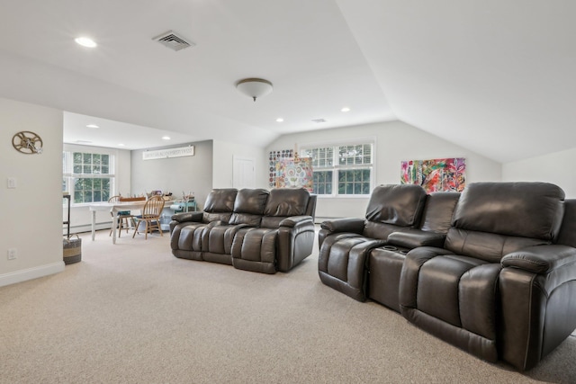 42 Panorama Dr, Warwick, NY 10990 - home theater with carpet, lofted ceiling, recessed lighting, baseboard heating, and baseboards