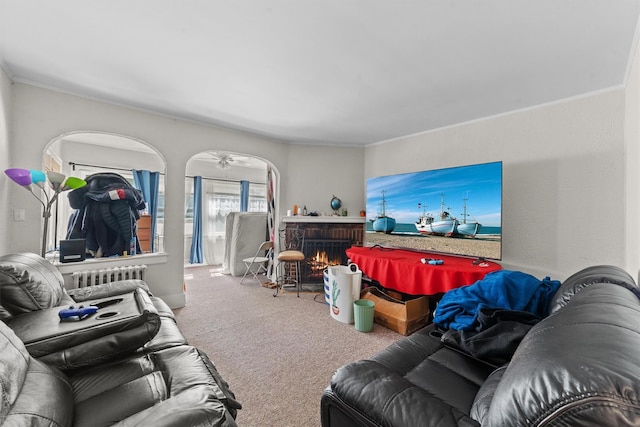 107 Underhill Ave, West Harrison, NY 10604 - carpeted living room with a brick fireplace, radiator, and crown molding