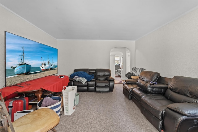 107 Underhill Ave, West Harrison, NY 10604 - living room featuring arched walkways, carpet, and ornamental molding