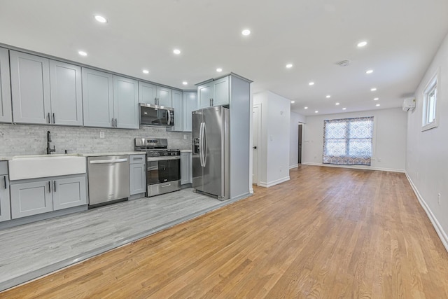 117-07 202nd St, Saint Albans, NY 11412 - kitchen featuring appliances with stainless steel finishes, a sink, tasteful backsplash, gray cabinets, and light countertops