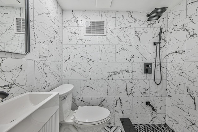 117-07 202nd St, Saint Albans, NY 11412 - full bathroom with tile walls, tiled shower, toilet, and vanity