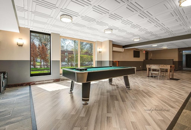 150-38 Union Tpke Unit 4D, Flushing, NY 11367 - recreation room featuring an AC wall unit, an ornate ceiling, baseboards, pool table, and wood finished floors