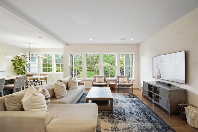 5 Rose Ln, Rye Brook, NY 10573 - living area with dark wood-style floors, a chandelier, and recessed lighting