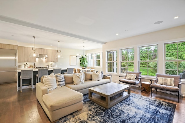5 Rose Ln, Rye Brook, NY 10573 - living area featuring dark wood-style floors and recessed lighting
