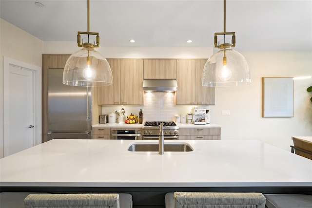 5 Rose Ln, Rye Brook, NY 10573 - kitchen with exhaust hood, high quality appliances, light brown cabinets, modern cabinets, and a sink