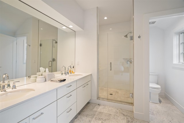 5 Rose Ln, Rye Brook, NY 10573 - bathroom featuring double vanity, a stall shower, toilet, marble finish flooring, and recessed lighting