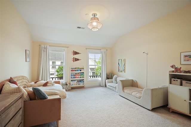 5 Rose Ln, Rye Brook, NY 10573 - living area featuring vaulted ceiling and carpet flooring