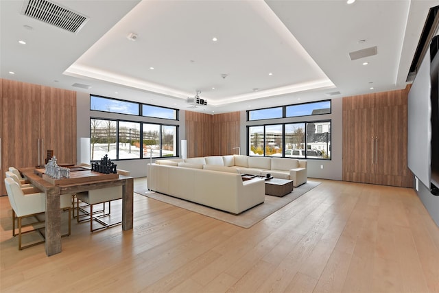 5 Rose Ln, Rye Brook, NY 10573 - living room with a raised ceiling, light wood-style floors, plenty of natural light, recessed lighting, and an office area