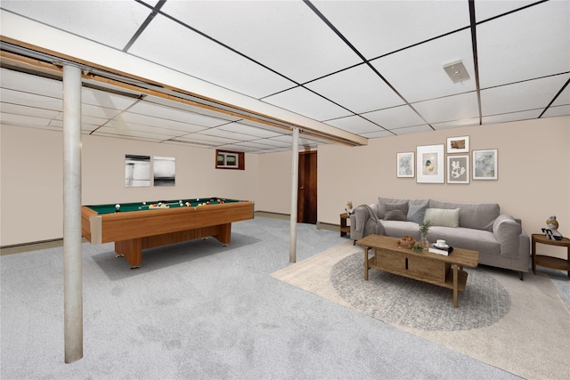 64 Church St, Syosset, NY 11791 - recreation room with carpet, a drop ceiling, pool table, and baseboards
