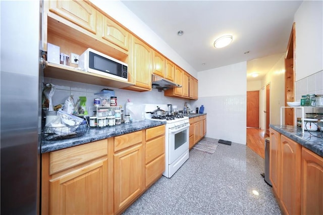 2366 E 29th St, Brooklyn, NY 11229 - kitchen with white gas range oven, dark countertops, under cabinet range hood, and a sink
