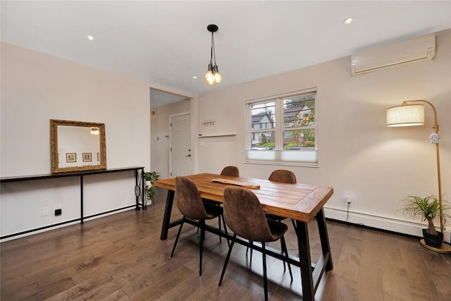 13915 Coolidge Ave, Briarwood, NY 11435 - dining room featuring an AC wall unit, wood finished floors, a baseboard heating unit, recessed lighting, and baseboards