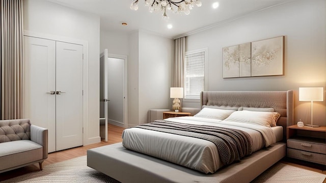 2825 Wellman Ave, Bronx, NY 10461 - bedroom with light wood-style floors, a chandelier, a closet, and recessed lighting