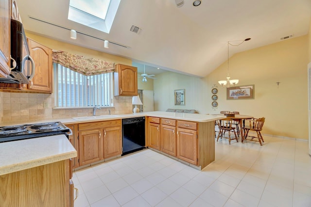276 Dockside Ct, Moriches, NY 11955 - kitchen featuring black dishwasher, a sink, stainless steel microwave, a peninsula, and tasteful backsplash