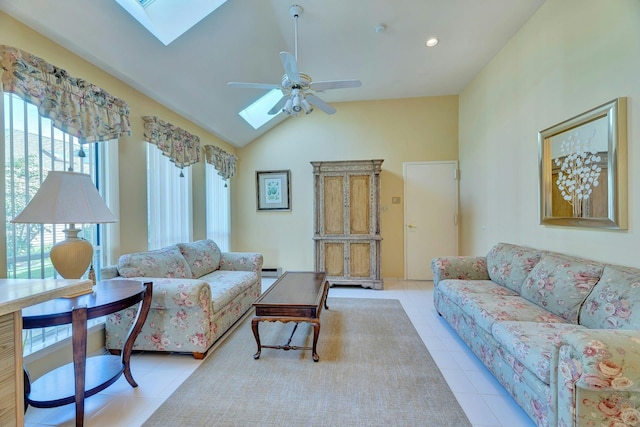 276 Dockside Ct, Moriches, NY 11955 - living area with a skylight, light tile patterned floors, vaulted ceiling, and ceiling fan