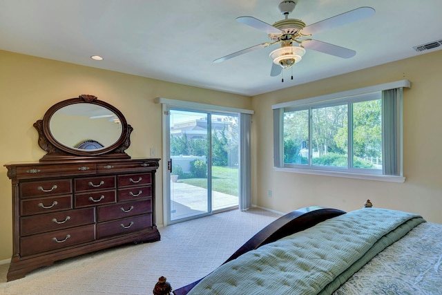 276 Dockside Ct, Moriches, NY 11955 - bedroom featuring light carpet, access to outside, baseboards, and ceiling fan