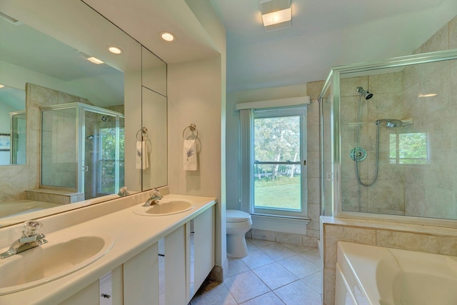 276 Dockside Ct, Moriches, NY 11955 - bathroom with a garden tub, toilet, a stall shower, tile patterned floors, and recessed lighting