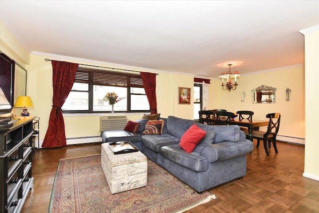 40 Stoner Ave Unit 1-I, Great Neck, NY 11021 - living room featuring baseboard heating, a chandelier, crown molding, baseboards, and a wall mounted air conditioner