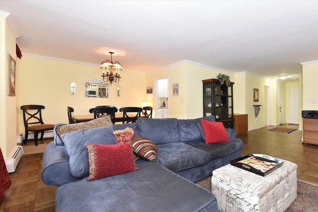 40 Stoner Ave Unit 1-I, Great Neck, NY 11021 - living area with a baseboard heating unit, a chandelier, ornamental molding, and baseboard heating