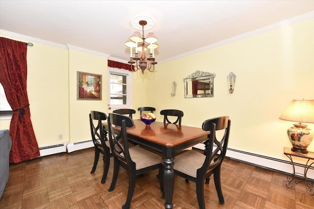 40 Stoner Ave Unit 1-I, Great Neck, NY 11021 - dining space with a chandelier, ornamental molding, and a baseboard radiator