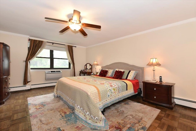 40 Stoner Ave Unit 1-I, Great Neck, NY 11021 - bedroom featuring a baseboard radiator, ornamental molding, a wall unit AC, and ceiling fan