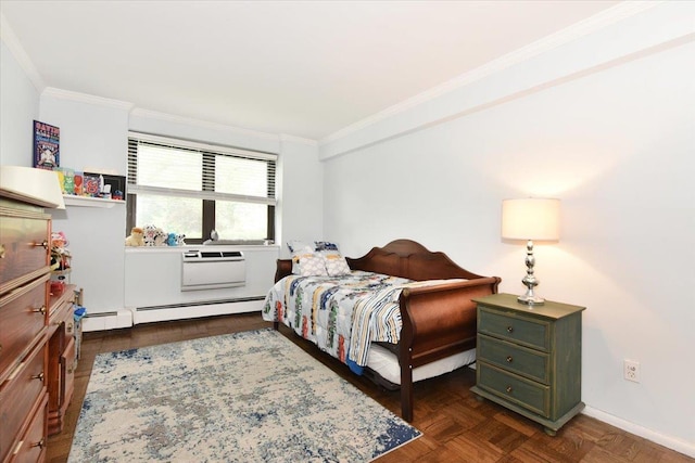 40 Stoner Ave Unit 1-I, Great Neck, NY 11021 - bedroom featuring crown molding, baseboard heating, and baseboards