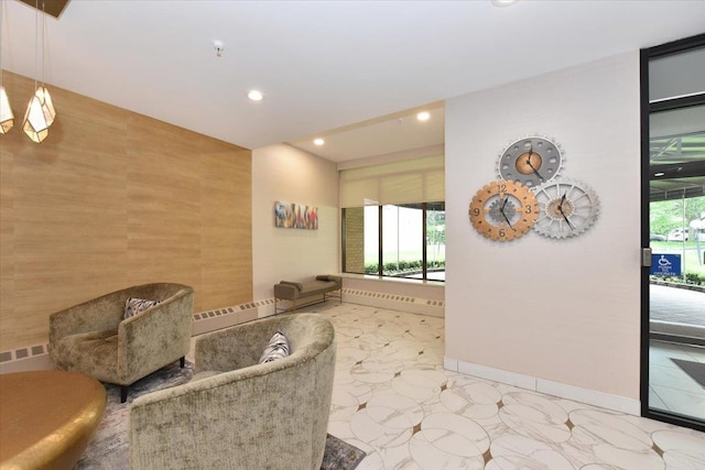 40 Stoner Ave Unit 1-I, Great Neck, NY 11021 - bathroom featuring recessed lighting, marble finish flooring, baseboards, and an accent wall