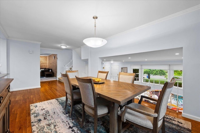 71 Harlan Dr, New Rochelle, NY 10804 - dining area with stairway, crown molding, and wood finished floors