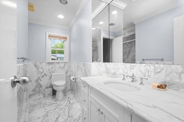 71 Harlan Dr, New Rochelle, NY 10804 - bathroom with ornamental molding, tile walls, marble finish flooring, vanity, and recessed lighting